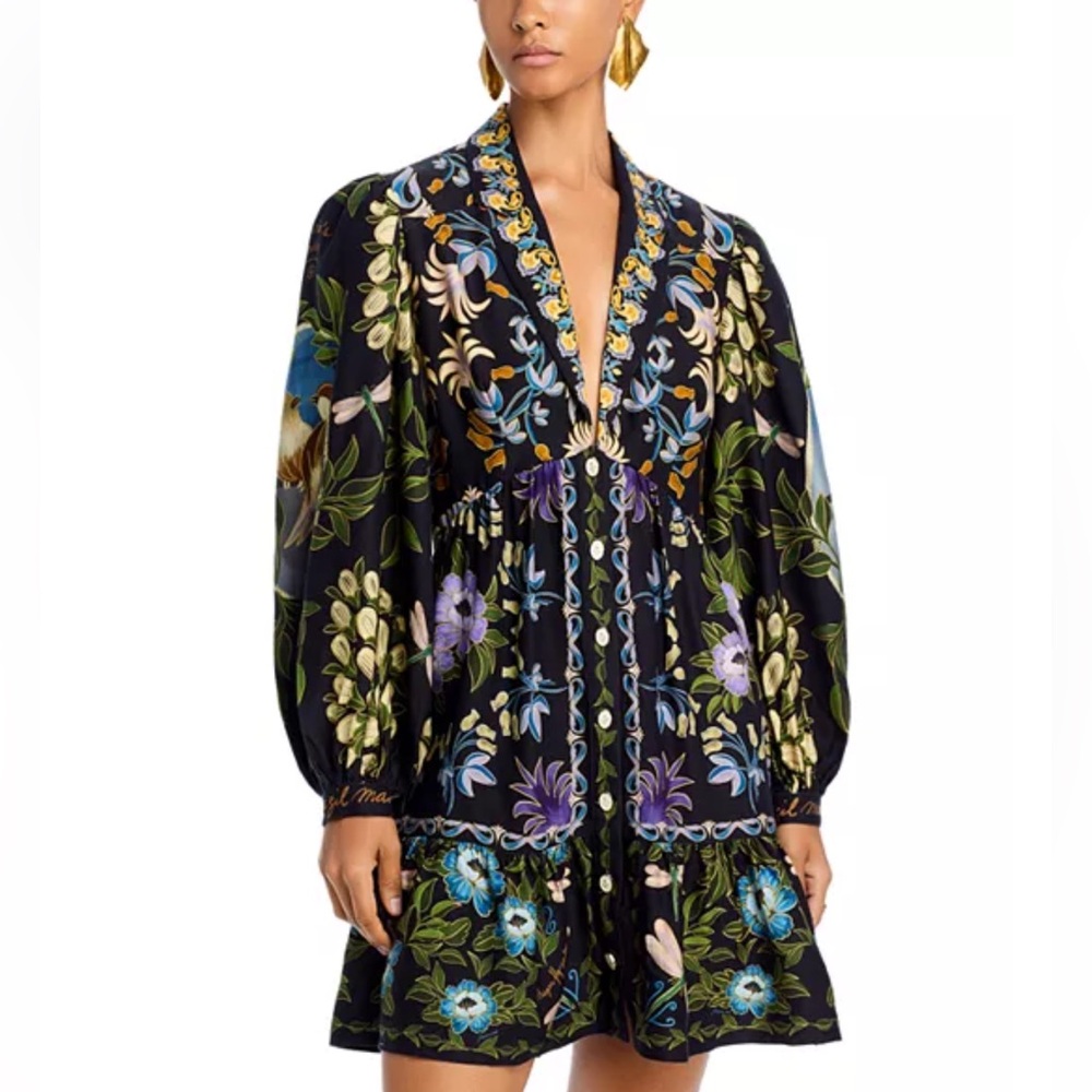 NEW FARM Rio Black Winter Garden Mini Dress Floral Birds Dragonfly Size M - Picture 3 of 7